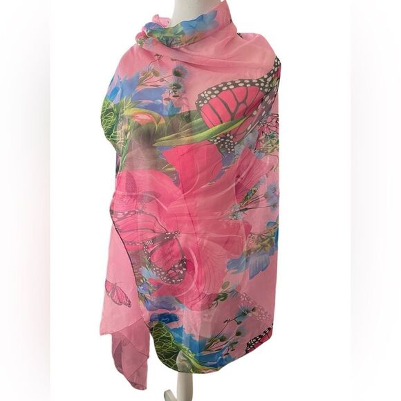 BEAUTIFUL SHEER PINK OVERSIZED SCARF WITH BUTTERFLIES - Picture 5 of 5